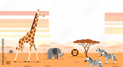 Flat Design Illustration Of African Safari Animals Landscape