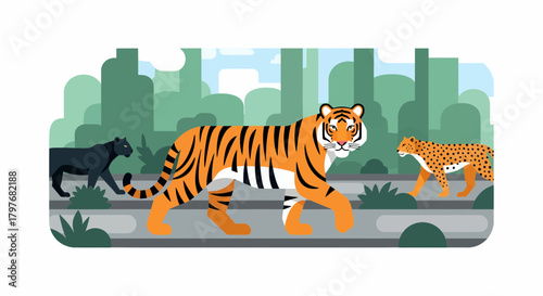 Exotic Feline Wildlife Illustration With Lush Greenery Backdrop