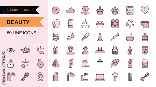 Beauty and Spa Line Icons with Makeup Products and Relaxation Elements skincare