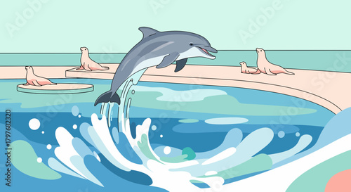 Joyful Dolphin Performing In Aquarium Show Cartoon Illustration