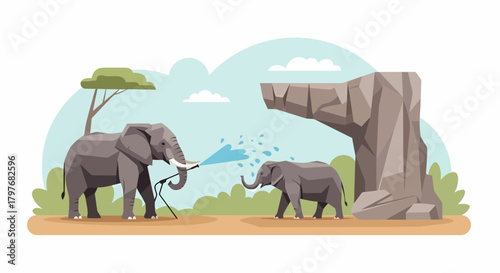 Playful Elephant Showering in a Wildlife Reserve Illustration