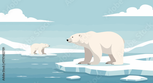 Polar Bears On Ice Floe Illustration In Cold Arctic Landscape