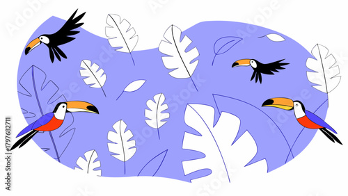 Colorful toucans and white leaves on a light purple background in a playful illustration style