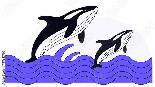 Two orcas jumping out of the water with stylized waves and a simple white background design element