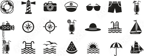 Summer themed vacation icons seamless pattern background design template vector