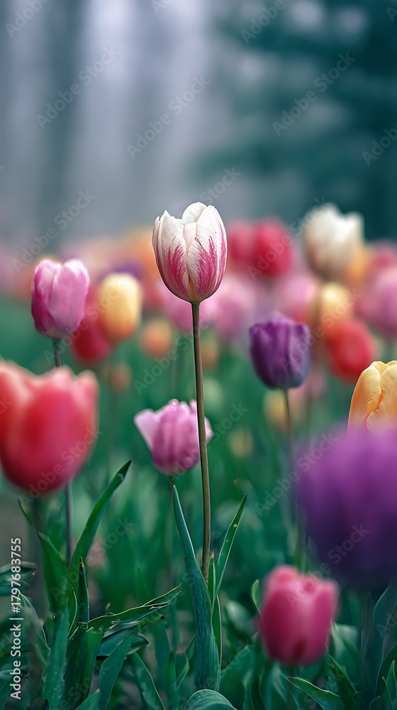 Fototapeta premium Colorful Tulip Garden White and Red Tulip Surrounded by Flowers