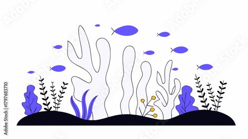 Stylized underwater scene with coral, plants, and small blue fish swimming around in a simple design