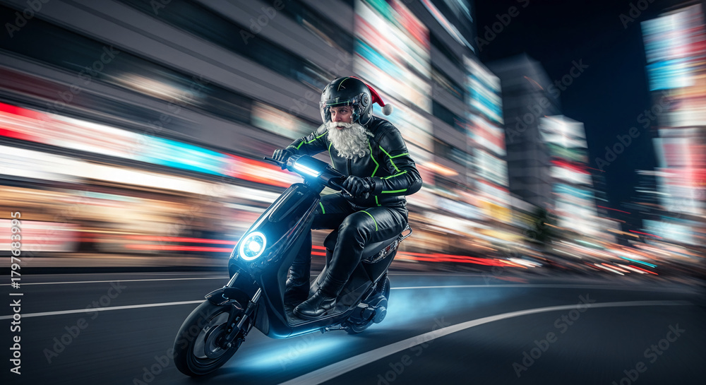 Fototapeta premium Image of person with white beard wearing Santa hat and helmet, riding black scooter, buildings background, representing festive season delivery