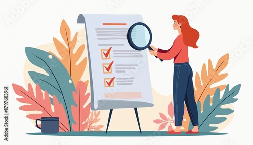 Woman examines paper document with magnifying glass. Checklist ticks verify tasks complete. Creative concept for research analysis and business workflow.