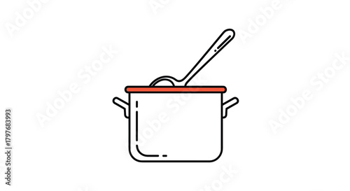 A simple flat illustration of a cooking pot with a ladle resting inside, ready for serving or preparing a delicious meal.