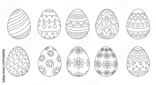 A collection of black and white outline drawings of Easter eggs with various decorative patterns, suitable for coloring.