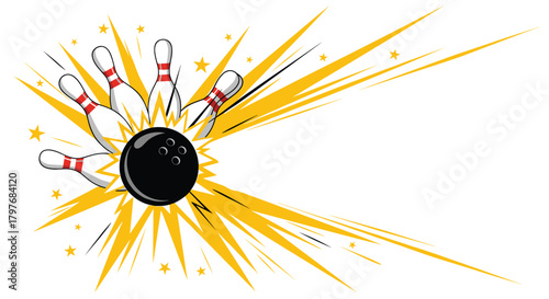 A dynamic illustration of a black bowling ball colliding with white and red bowling pins, causing an explosive yellow starburst effect.