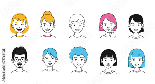 A diverse collection of colorful cartoon avatar icons depicting cheerful young men and women with varied hairstyles and facial expressions.