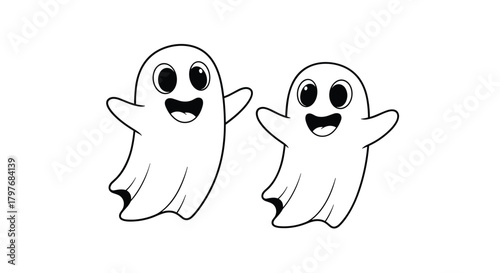 Two cheerful cartoon ghosts happily floating and waving, embodying a friendly and playful spirit perfect for Halloween celebrations.