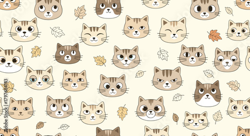 Seamless pattern of cute cartoon cat faces with various expressions and autumn leaves on a light beige background.