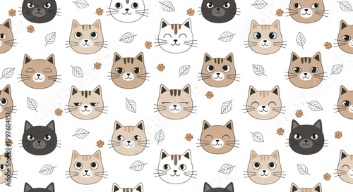 Cute seamless pattern featuring adorable cartoon cat faces with various expressions and autumn leaves on a white background.