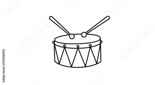 A simple black and white line art drawing of a drum with two drumsticks on top, illustrating a basic musical instrument.
