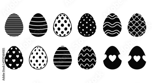 A collection of twelve stylized black and white Easter eggs featuring various patterns like stripes, polka dots, hearts, and waves for holiday designs.
