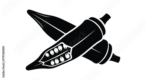 Stylized black and white silhouette icon of two okra pods, one whole and one cut open to show its seeds, for culinary and vegetable themes.