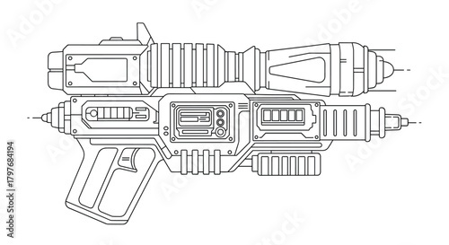 A detailed black and white line art illustration of a futuristic science fiction blaster gun or weapon, drawn in a technical schematic style.