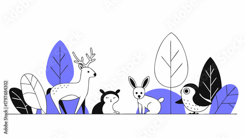 Illustration of deer rabbit bird and small animal among leaves and trees in a minimalist style art