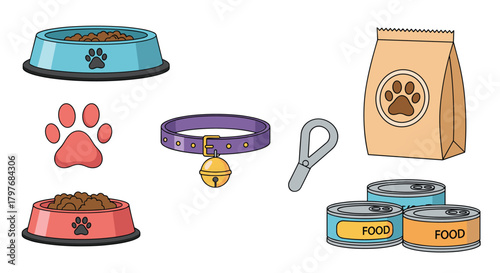 A colorful assortment of various pet supplies, featuring food bowls, dry and wet food, a collar with a bell, a leash, and a decorative paw print.