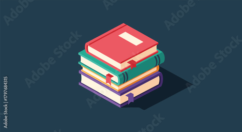 A colorful isometric illustration depicts a stack of four books with bookmarks, symbolizing knowledge, study, and education on a dark background.