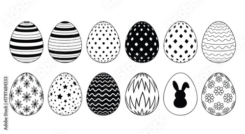 Monochrome collection of Easter eggs featuring diverse patterns like stripes, polka dots, waves, stars, flowers, and a rabbit silhouette.
