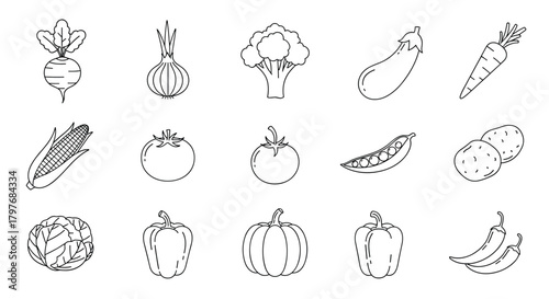 A vibrant collection of outline illustrations showcasing various fresh and healthy vegetables, including root vegetables, greens, and fruits.