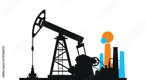 An oil pumpjack and an industrial complex with colored smokestacks and emissions, symbolizing the petroleum industry and its impact.