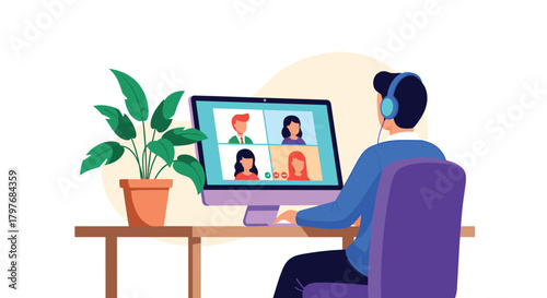 A person wearing headphones participates in an online video conference with four other individuals, working remotely from a desk with a plant.