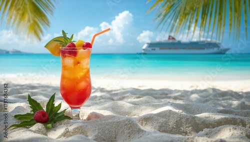 Fototapeta Naklejka Na Ścianę i Meble -  Tropical beverage with vibrant fruit slices on white sand beach, ideal for summer relaxation