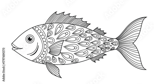 Detailed black and white line art illustration of a decorative fish with intricate patterns on its body and fins, perfect for coloring.