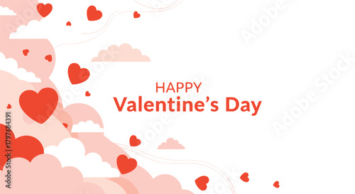 A festive illustration featuring red hearts and clouds, with a 'Happy Valentine's Day' greeting, perfect for romantic celebrations and love.