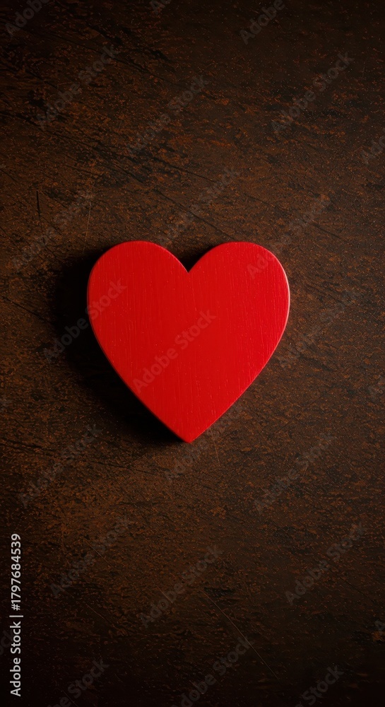 Obraz premium A vibrant red heart shape prominently displayed and completely isolated on a rustic, deeply textured brown background, symbolizing passion and love concept ,decoration ,affection ,feeling