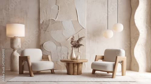 Fototapeta Naklejka Na Ścianę i Meble -  rustic japandi maximalist living room full view, custom organic wood armchairs, oversized textile on wall, creamy textured plaster, pale stone floor