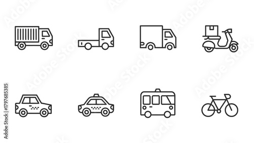 Delivery vehicles in simple line style - transport options for commercial use, including truck, van, car, taxi, scooter and bicycle for express delivery