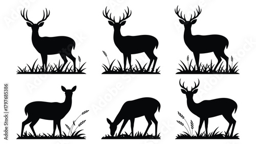 Elegant reindeer silhouette collection standing gracefully in grass, perfect for festive holiday designs and nature-inspired branding, bringing a touch of wilderness