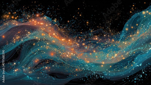 Abstract composition of flowing teal and orange forms with sparkling points on a black ground