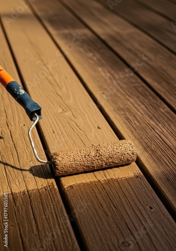 Close up texture shot of protective deck paint being applied to rough weathered wood boards using a roller. Focusing on home improvement, domestic, painting, home