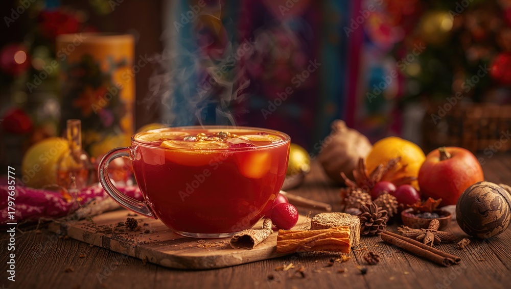 Fototapeta premium Traditional Mexican fruit beverage known as ponche, seasonal treat during Christmas