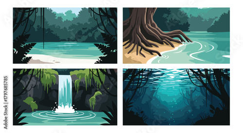 Collection of four pixel art jungle water scenes, including a tropical beach, mangrove roots, a waterfall, and an underwater view.