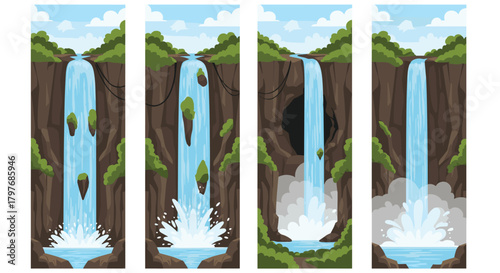 Four-step animation sequence of a cartoon waterfall, showing floating rocks falling and creating a large splash in the water below.