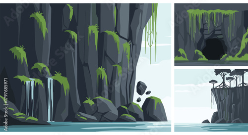 Collection of moody, atmospheric illustrations featuring dark cliffs, a cave entrance, and a rocky island with trees over the water.
