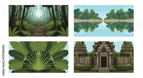 Set of four pixel art backgrounds depicting a tranquil rainforest path, a reflective river, a traveler's palm, and an ancient temple.