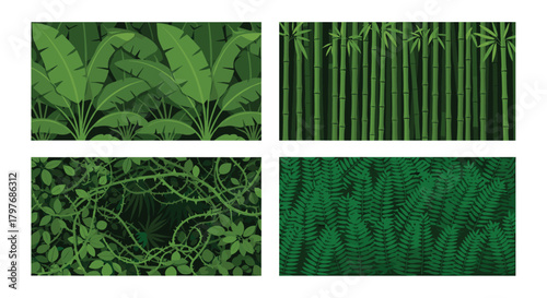 Collection of four seamless pixel art patterns of dense green jungle foliage, including banana leaves, bamboo stalks, thorny vines, and ferns.
