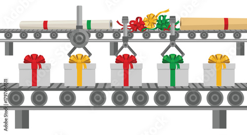 Seamless looping animation of a factory conveyor belt system where robotic arms are placing colorful bows on white gift boxes.