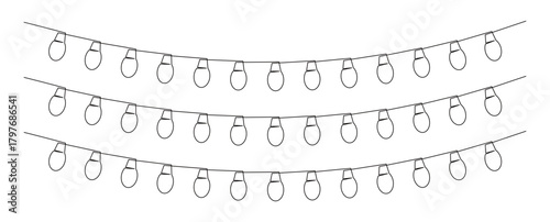 Line art of festive string lights. This image is for stickers or banners for various events such as birthday celebrations, weddings, Christmas and New Year celebrations, wall decorations, winter.
