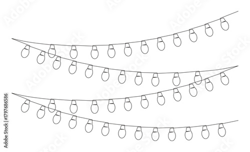 Line art of festive string lights. This image is for stickers or banners for various events such as birthday celebrations, weddings, Christmas and New Year celebrations, wall decorations, winter.