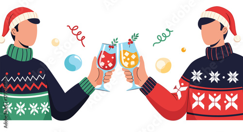 Festive illustration of two men in ugly Christmas sweaters and santa hats toasting with holiday cocktails, with confetti and ornaments around.